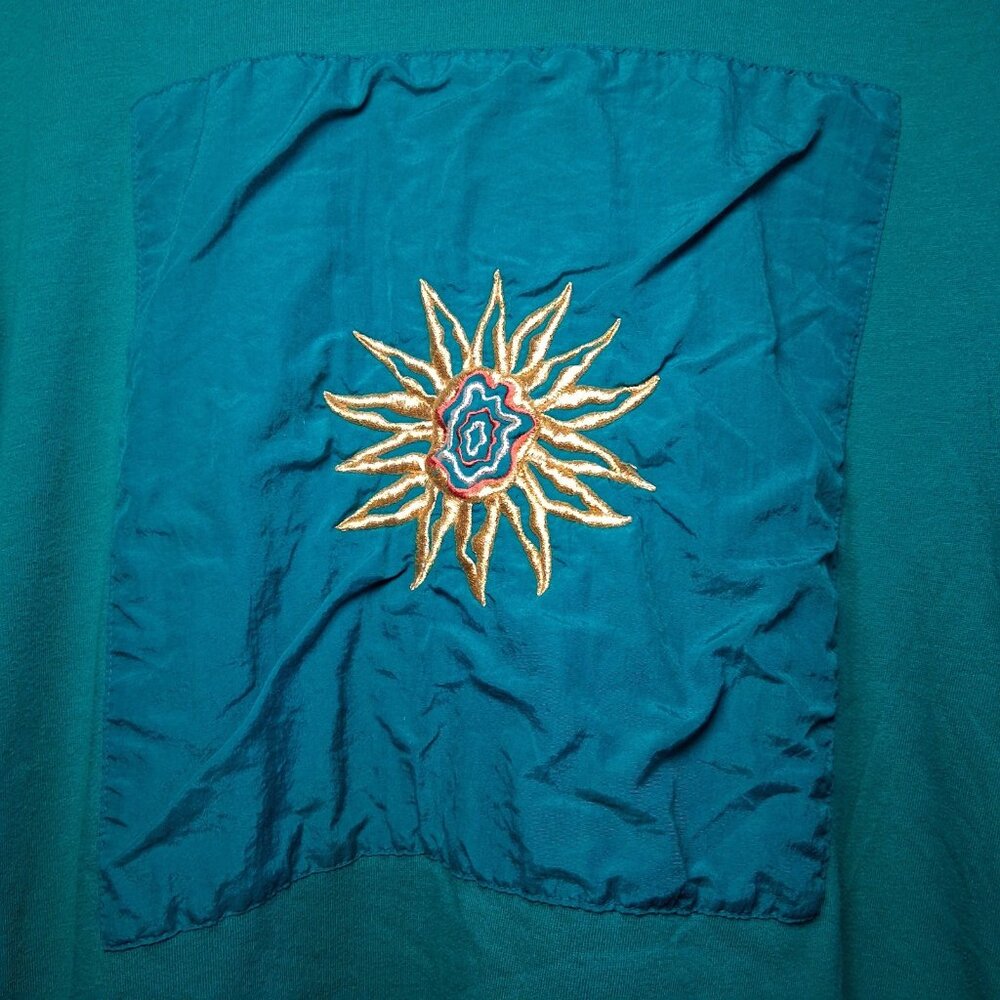 Vintage 1990s Bold Spirit Shirt Women Medium Turquoise Gold Sun Patch Celestial - Picture 13 of 13